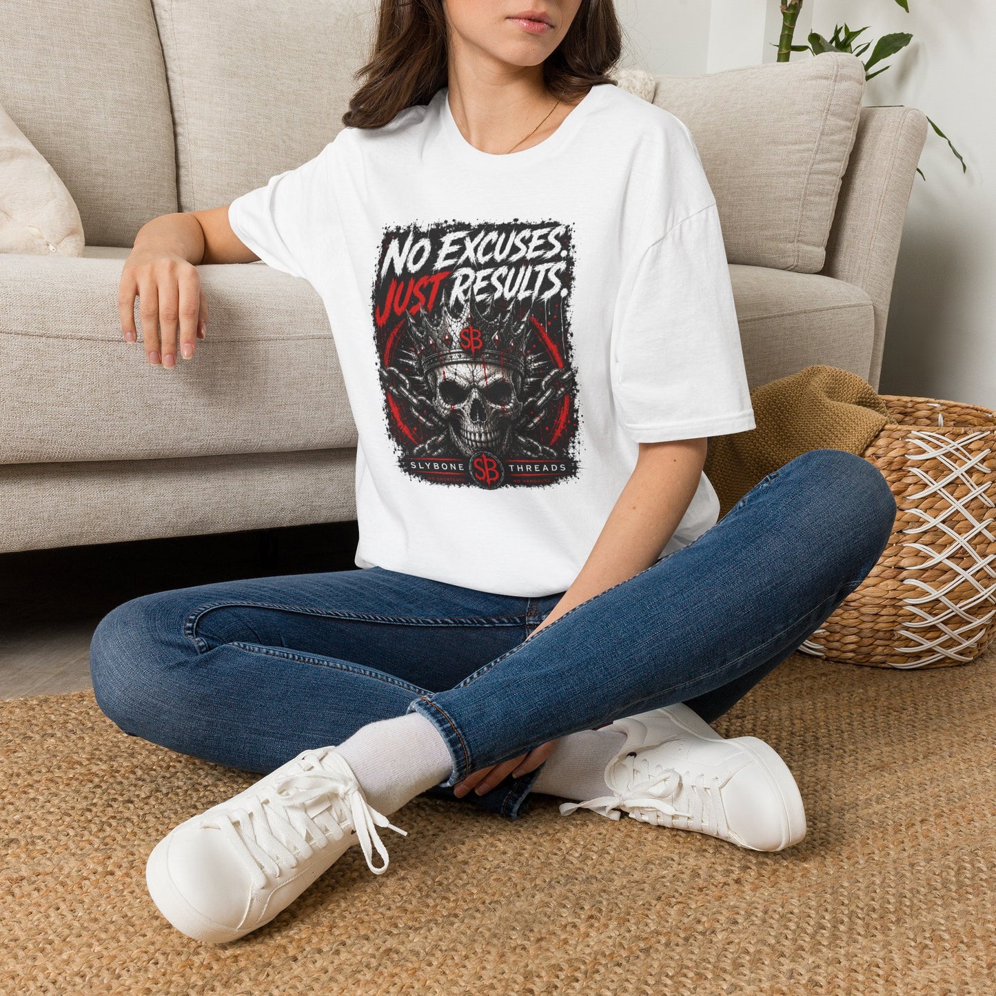 No Excuses, Just Results T-Shirt — Motivational Skull Fitness Tee