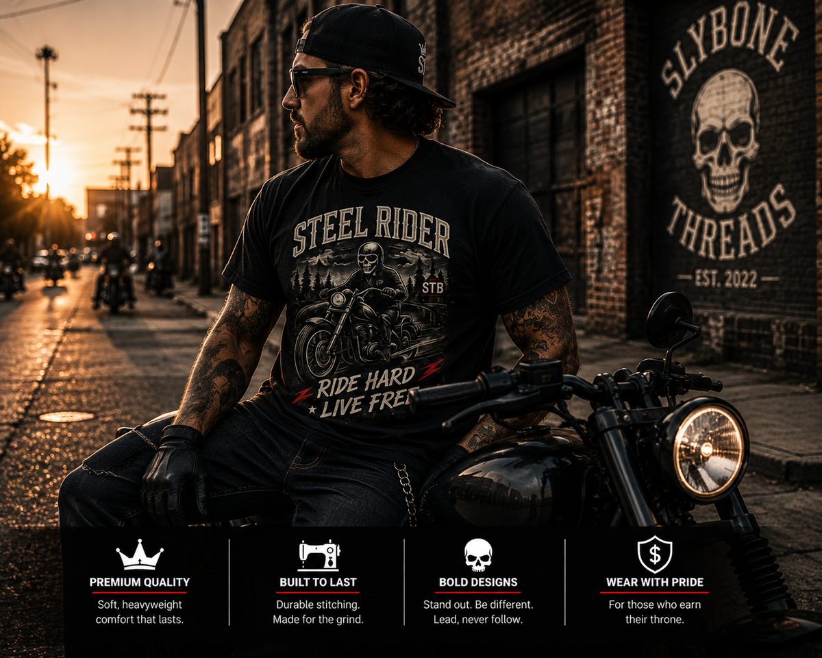 Steel Rider motorcycle graphic tee worn in Slybone Threads biker warehouse
