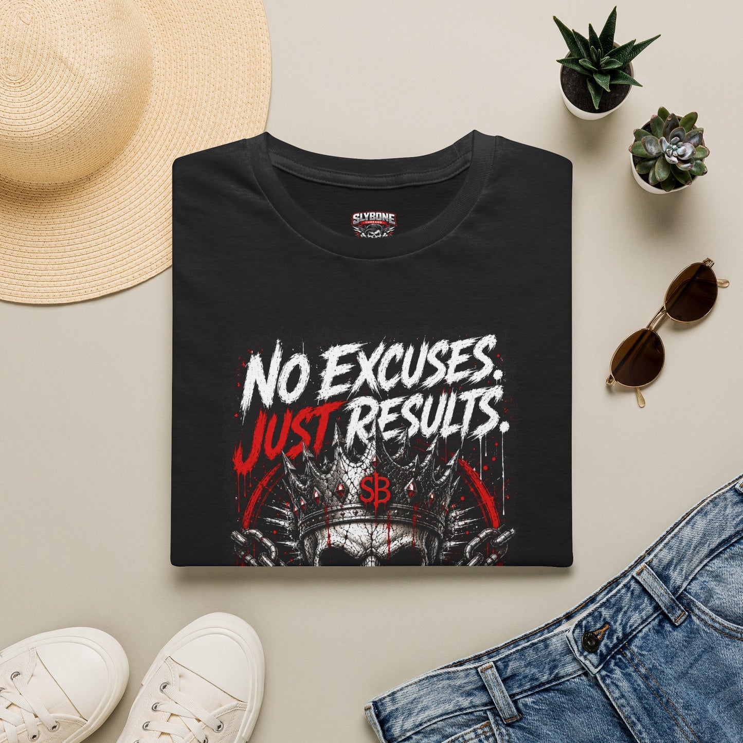 No Excuses, Just Results T-Shirt — Motivational Skull Fitness Tee