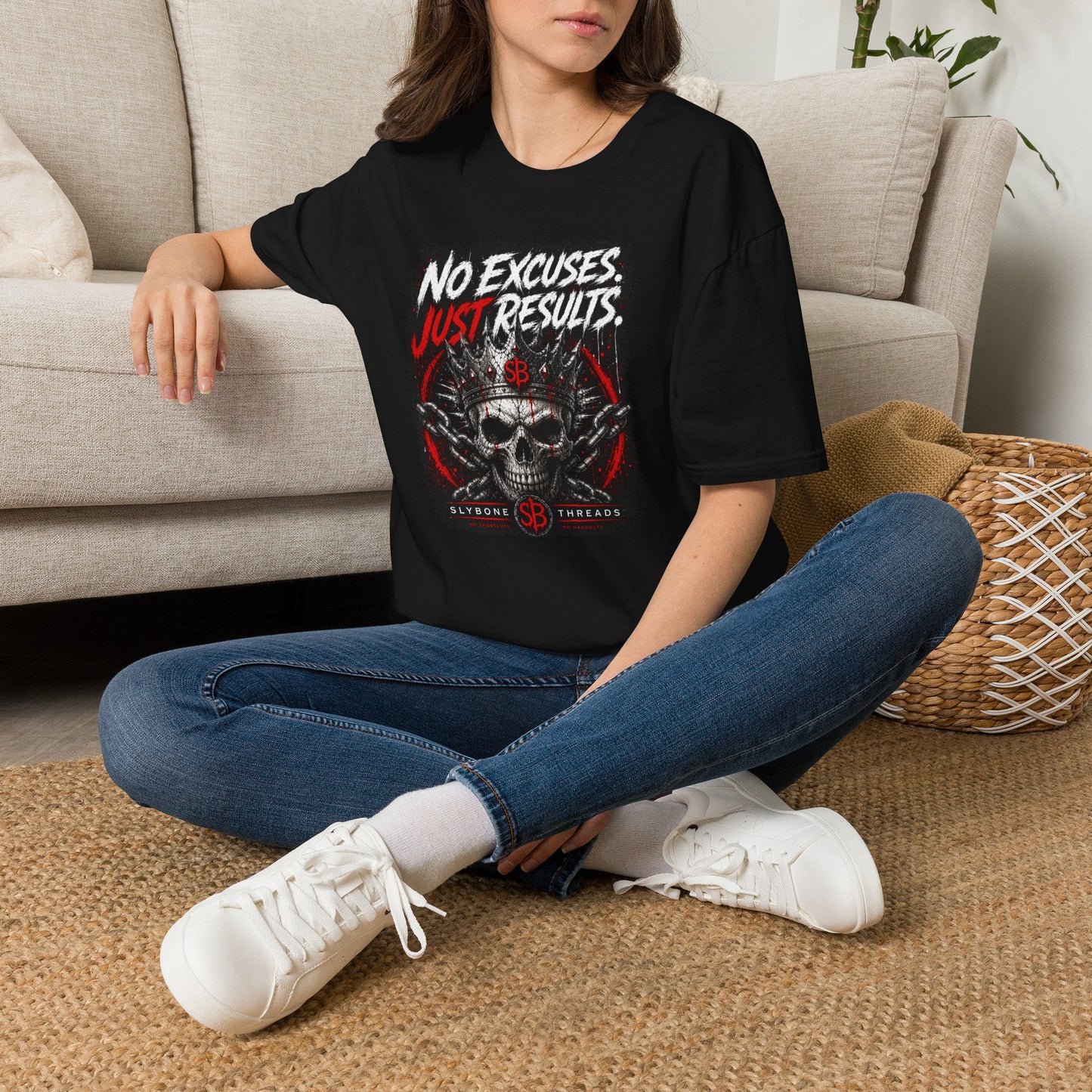 No Excuses, Just Results T-Shirt — Motivational Skull Fitness Tee