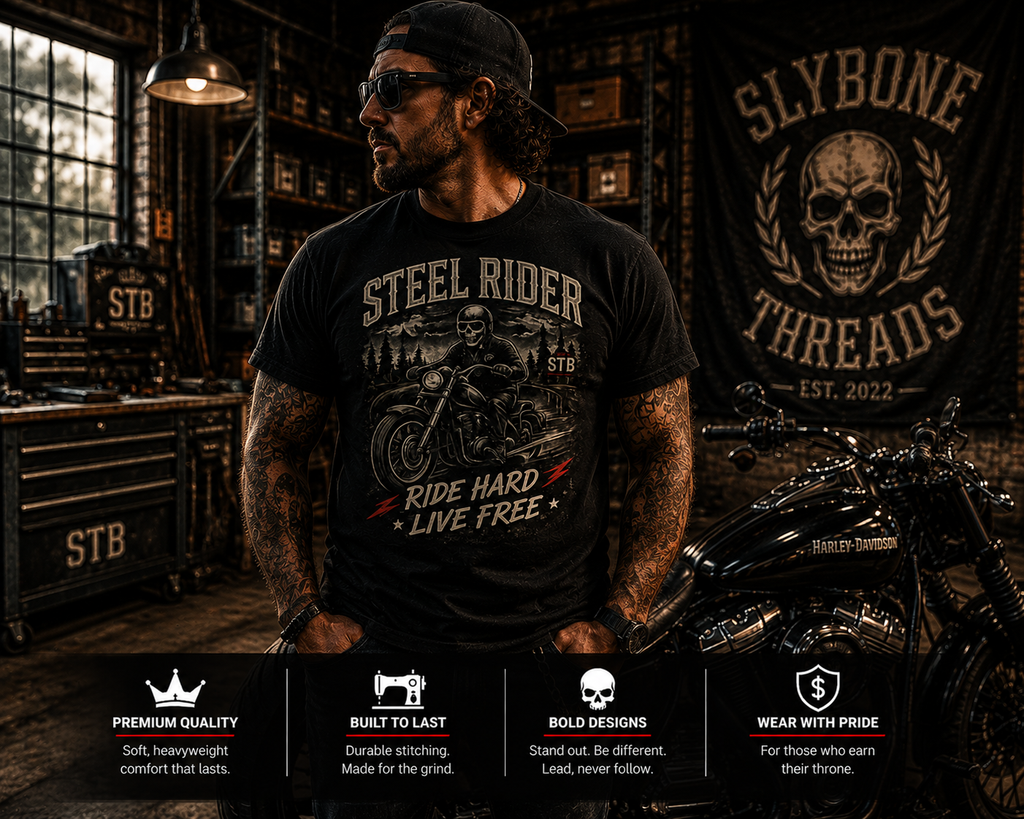 Biker wearing Steel Rider Ride Hard Live Free graphic tee while riding motorcycle