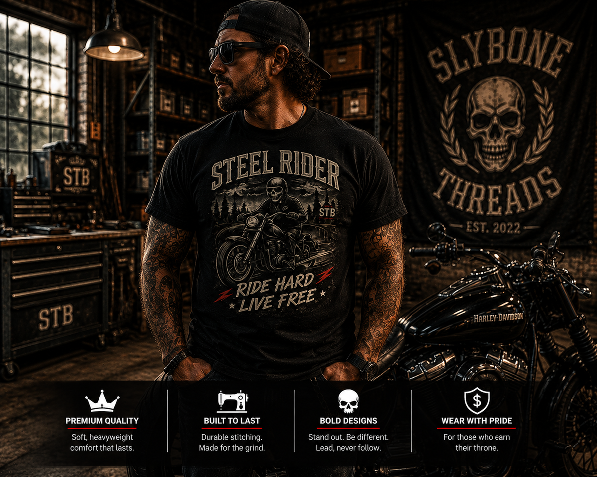 Biker wearing Steel Rider Ride Hard Live Free graphic tee while riding motorcycle