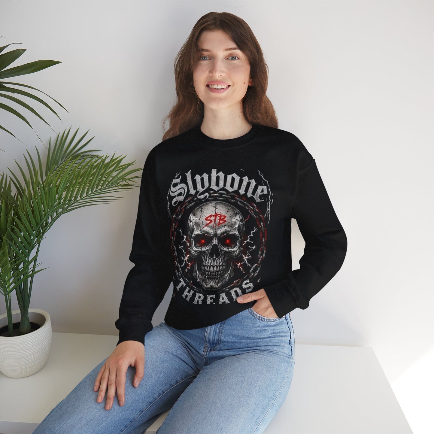 Skull Threads Crewneck Sweatshirt — "Stubborn Threads" Gothic Skull Design