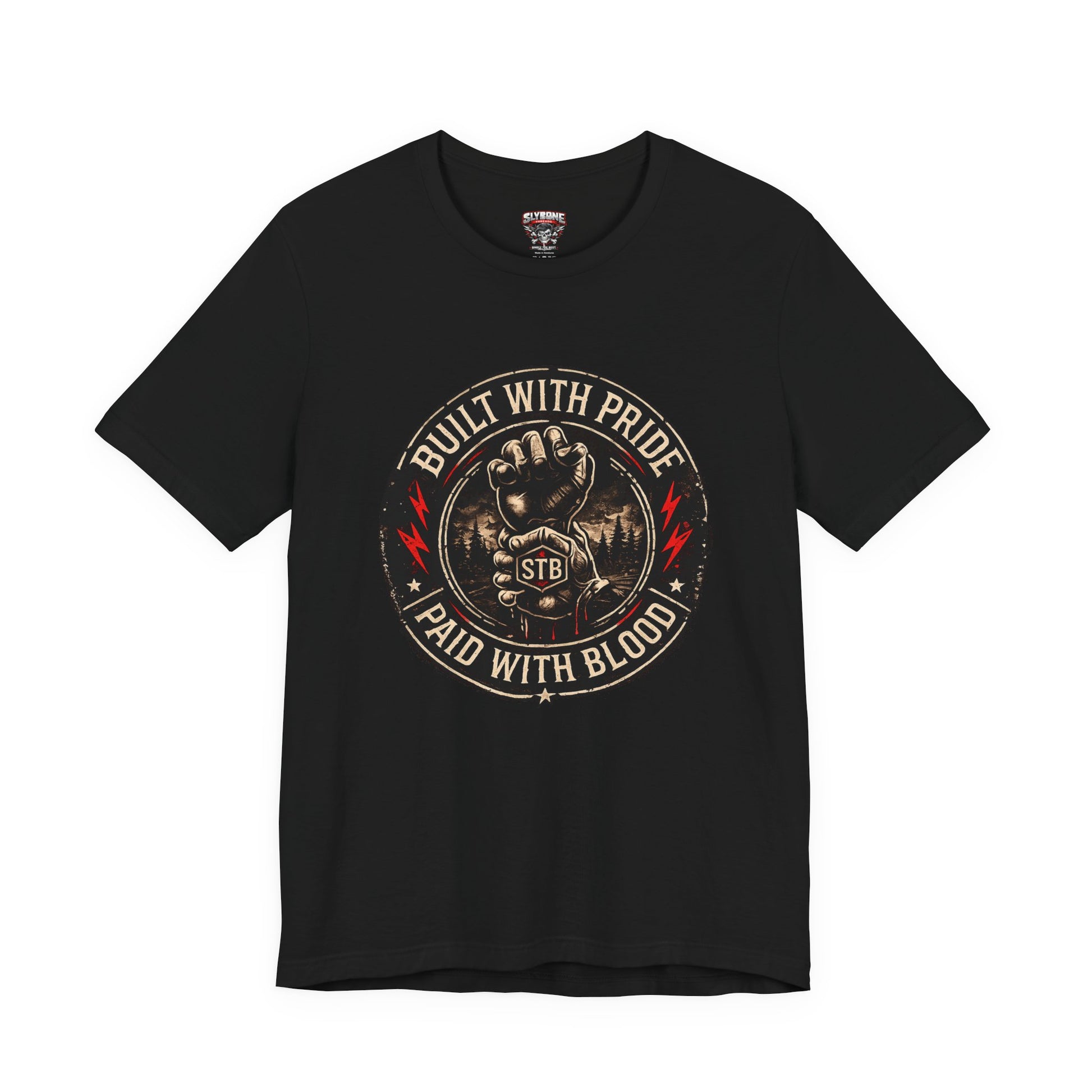 Built With Pride Paid With Blood black graphic T-shirt by Slybone Threads