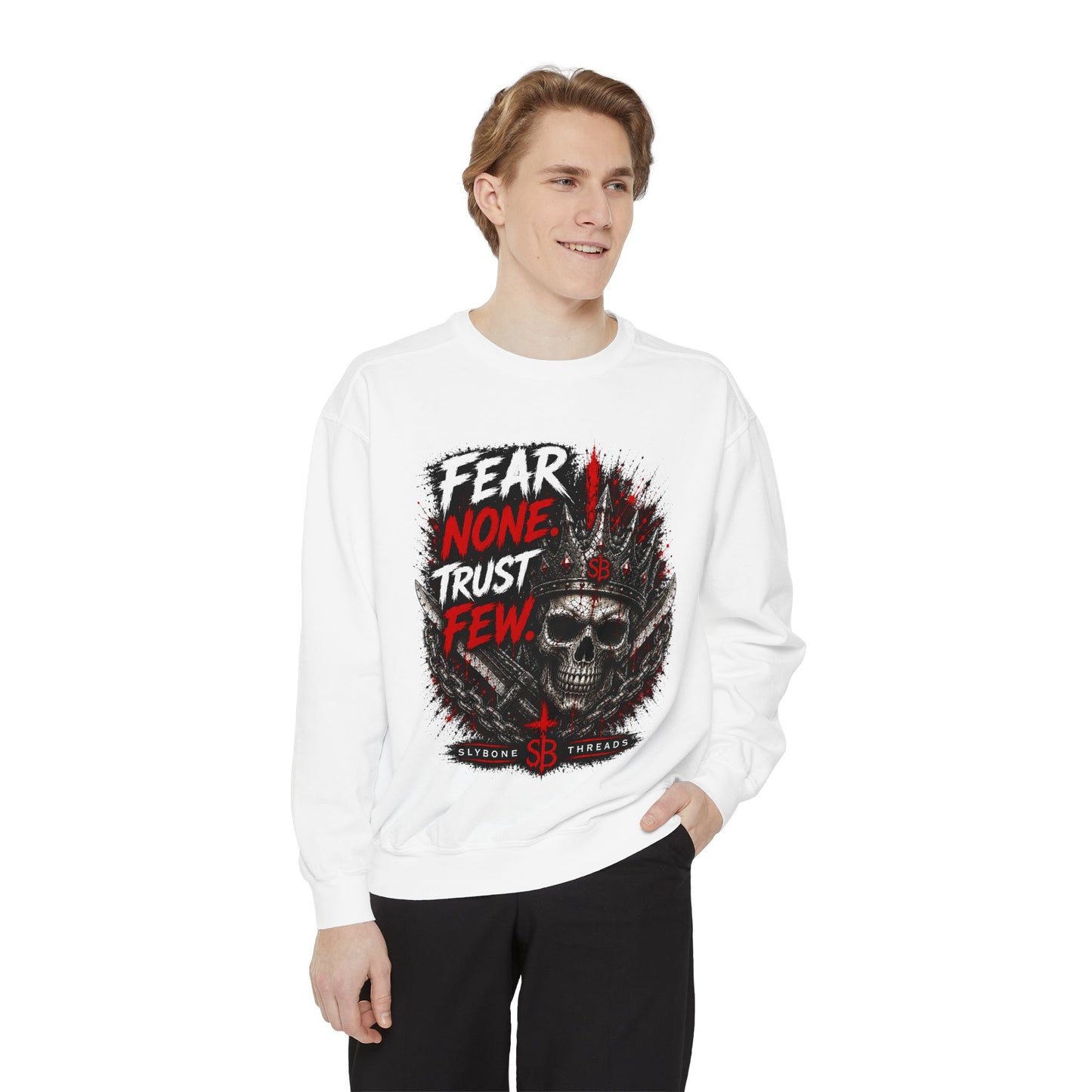 Fear None Trust Few Sweatshirt — Skull Graphic Garment-Dyed Crewneck