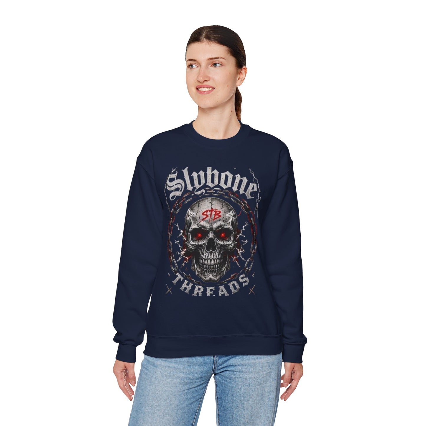 Skull Threads Crewneck Sweatshirt — "Stubborn Threads" Gothic Skull Design