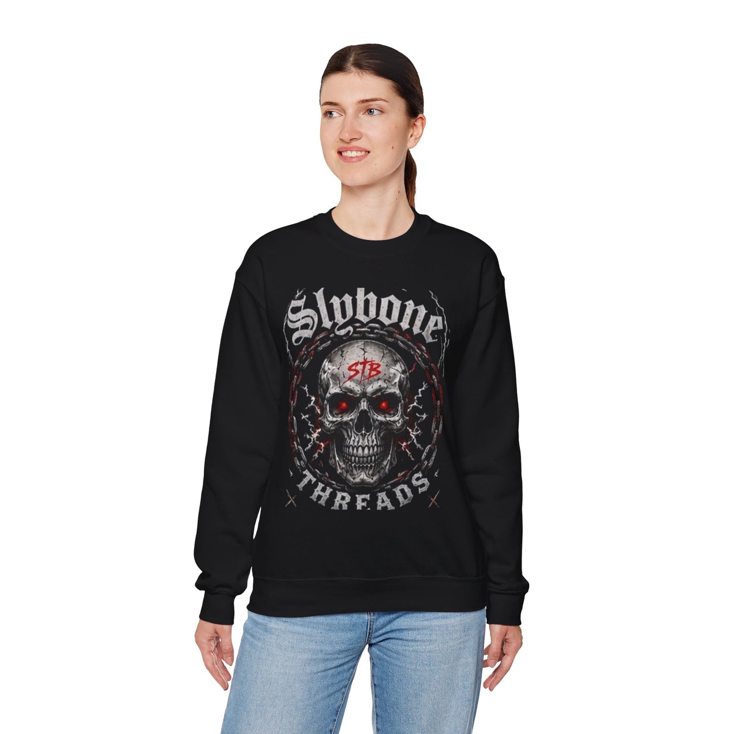 Skull Threads Crewneck Sweatshirt — "Stubborn Threads" Gothic Skull Design
