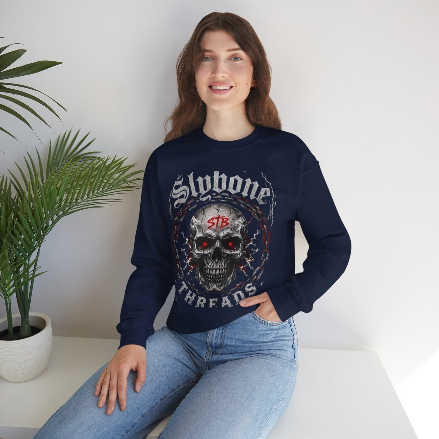 Skull Threads Crewneck Sweatshirt — "Stubborn Threads" Gothic Skull Design