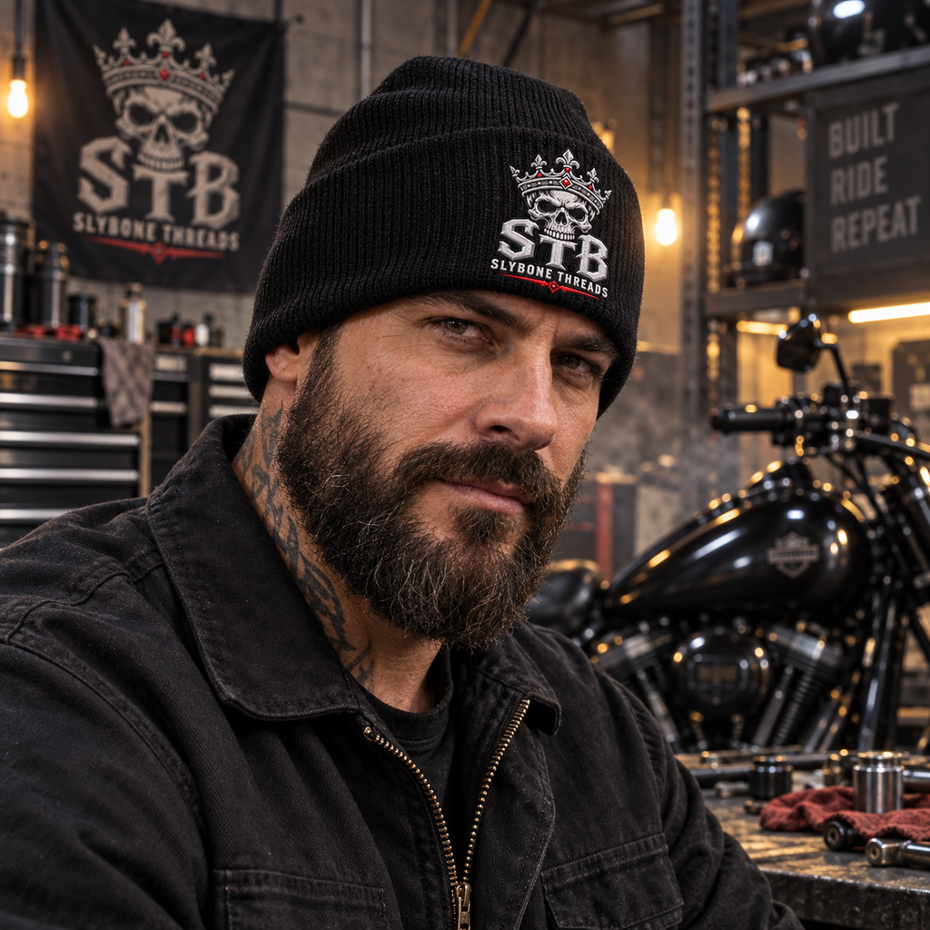     Biker wearing crowned skull embroidered beanie in motorcycle warehouse