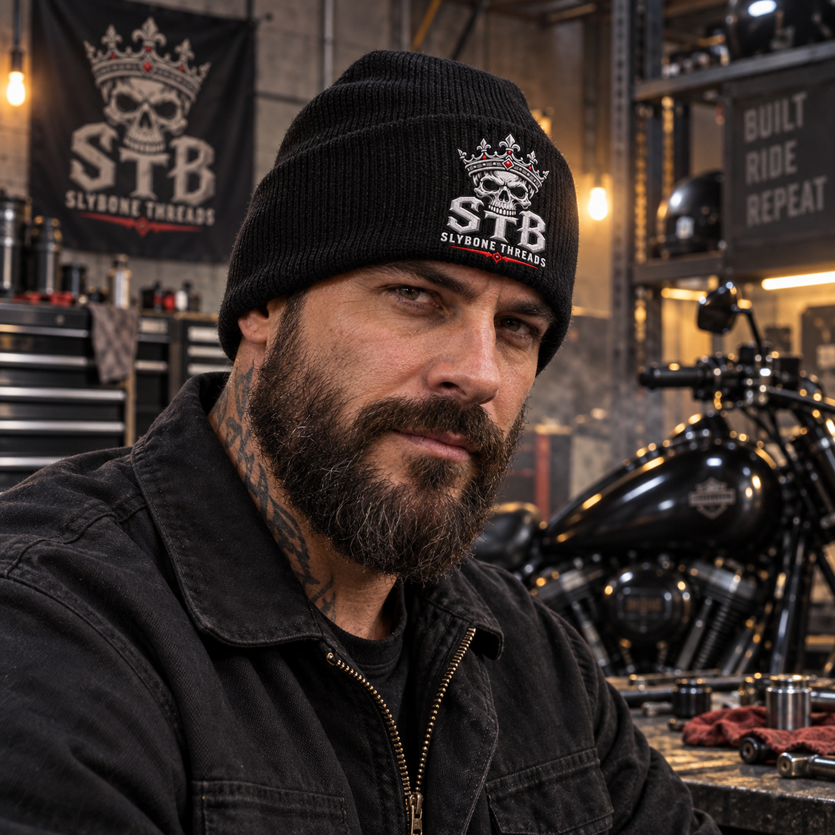     Biker wearing crowned skull embroidered beanie in motorcycle warehouse
