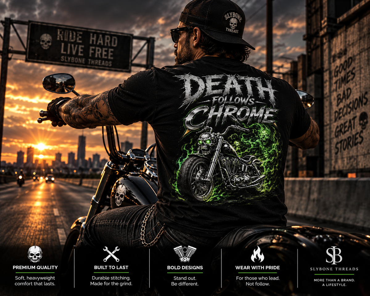 Motorcycle rider wearing Death Follows Chrome Slybone Threads graphic tee