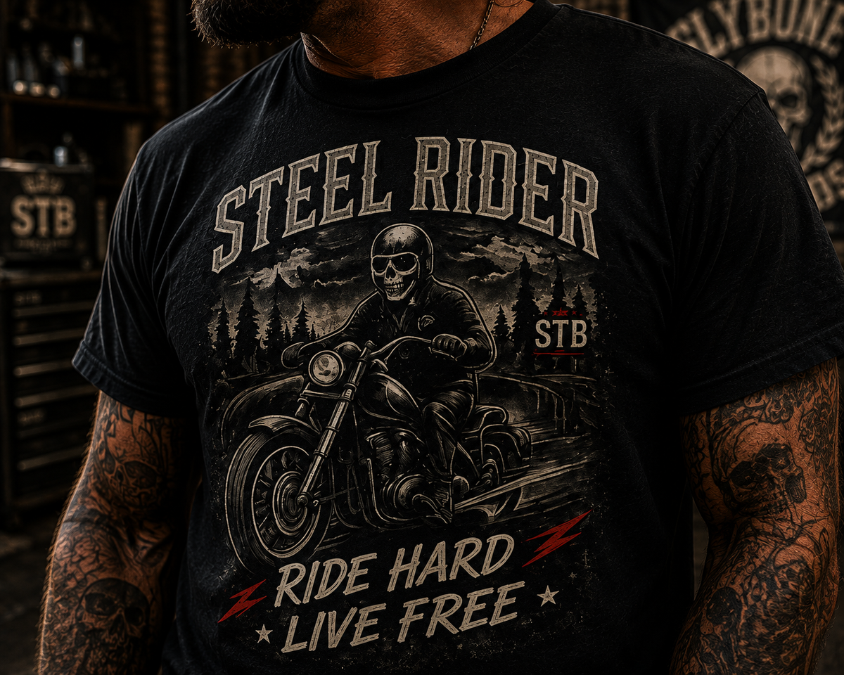 Steel Rider black motorcycle graphic tee with vintage skull rider artwork