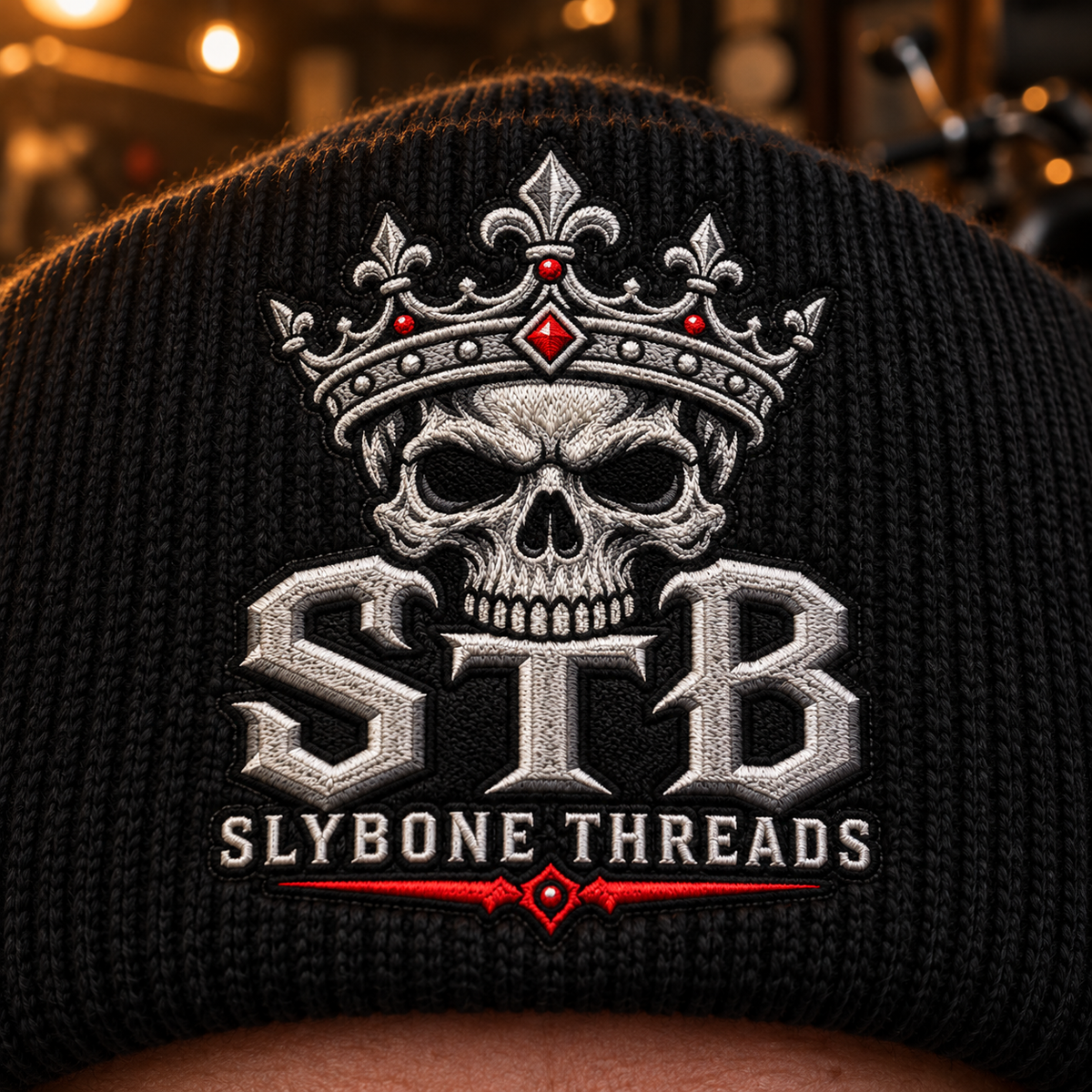     Close-up of crowned skull STB embroidery on black knit beanie