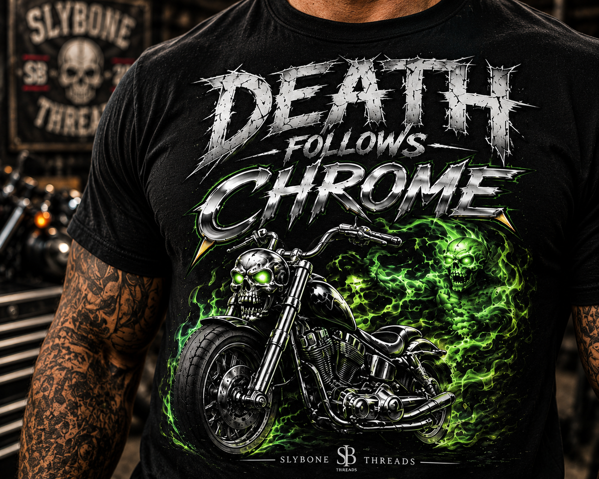 Close-up Death Follows Chrome skull motorcycle shirt with chrome bike and green flames