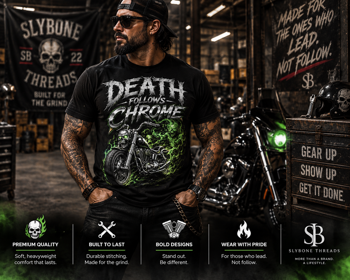 Biker wearing Death Follows Chrome skull motorcycle graphic tee in industrial warehouse