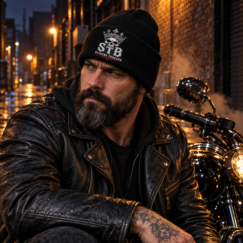     Biker wearing STB skull beanie beside black motorcycle at night