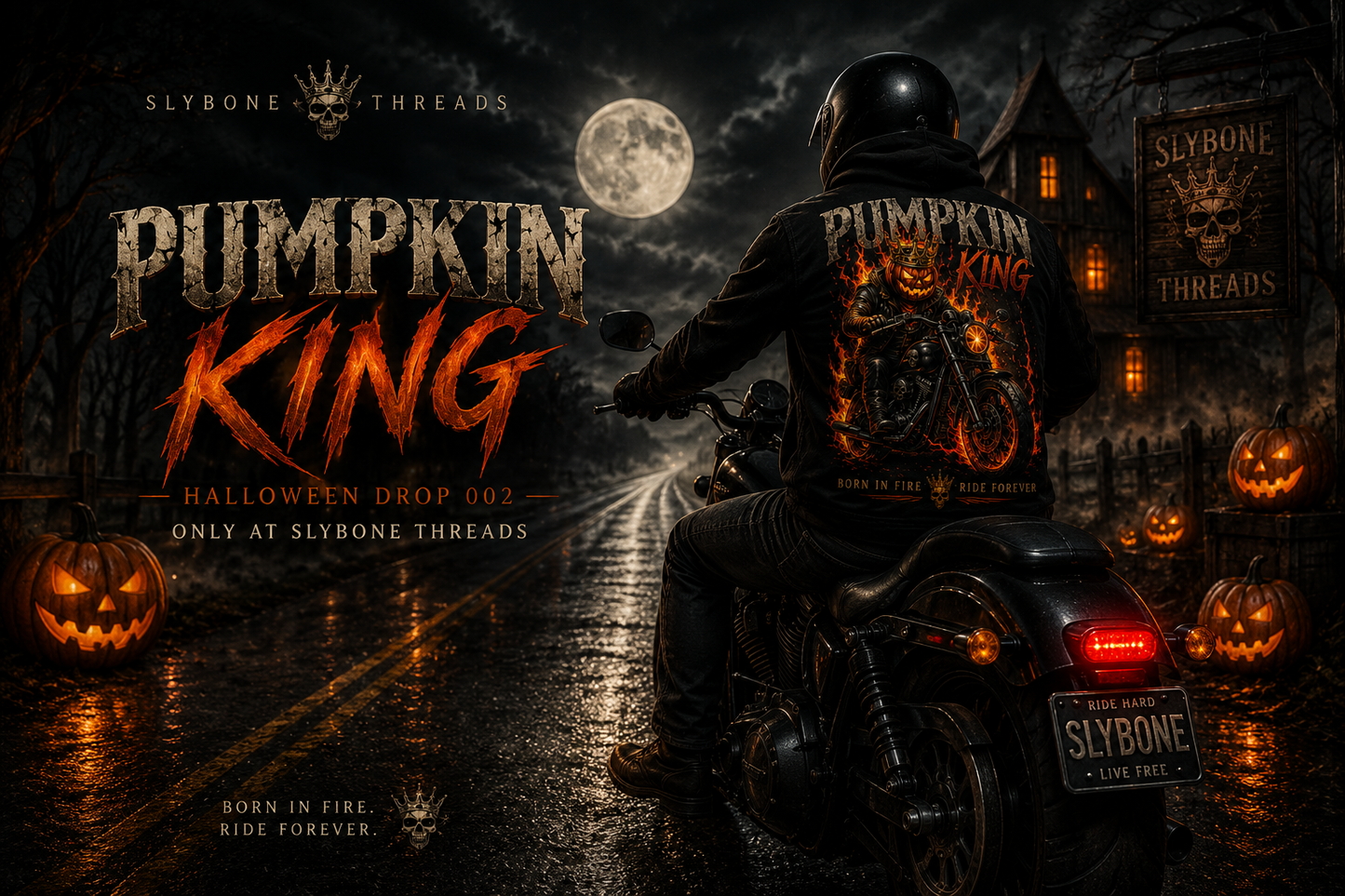 Pumpkin King Motorcycle Halloween T-Shirt | Flaming Jack-O’-Lantern Biker Tee | Slybone Threads