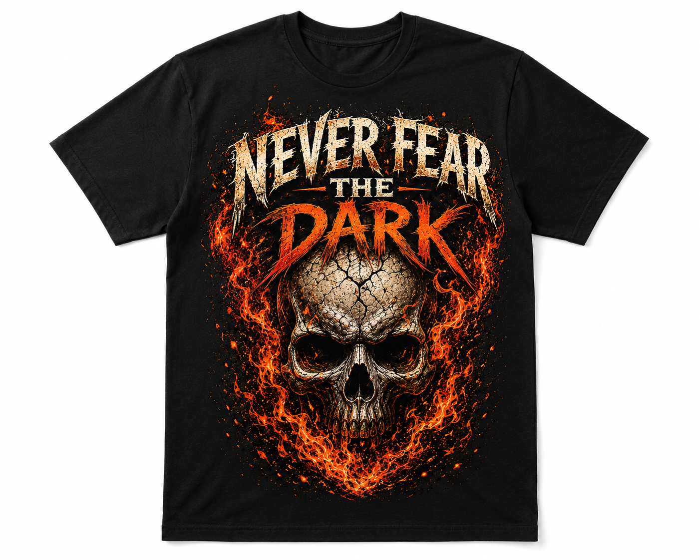 Never Fear the Dark Skull T-Shirt | Flaming Skull Halloween Graphic Tee | Slybone Threads