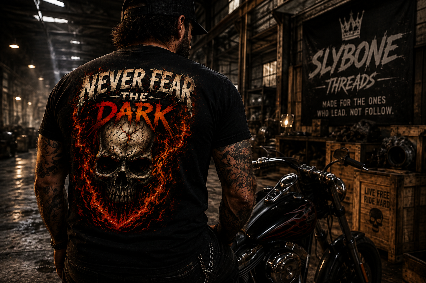 Never Fear the Dark Skull T-Shirt | Flaming Skull Halloween Graphic Tee | Slybone Threads