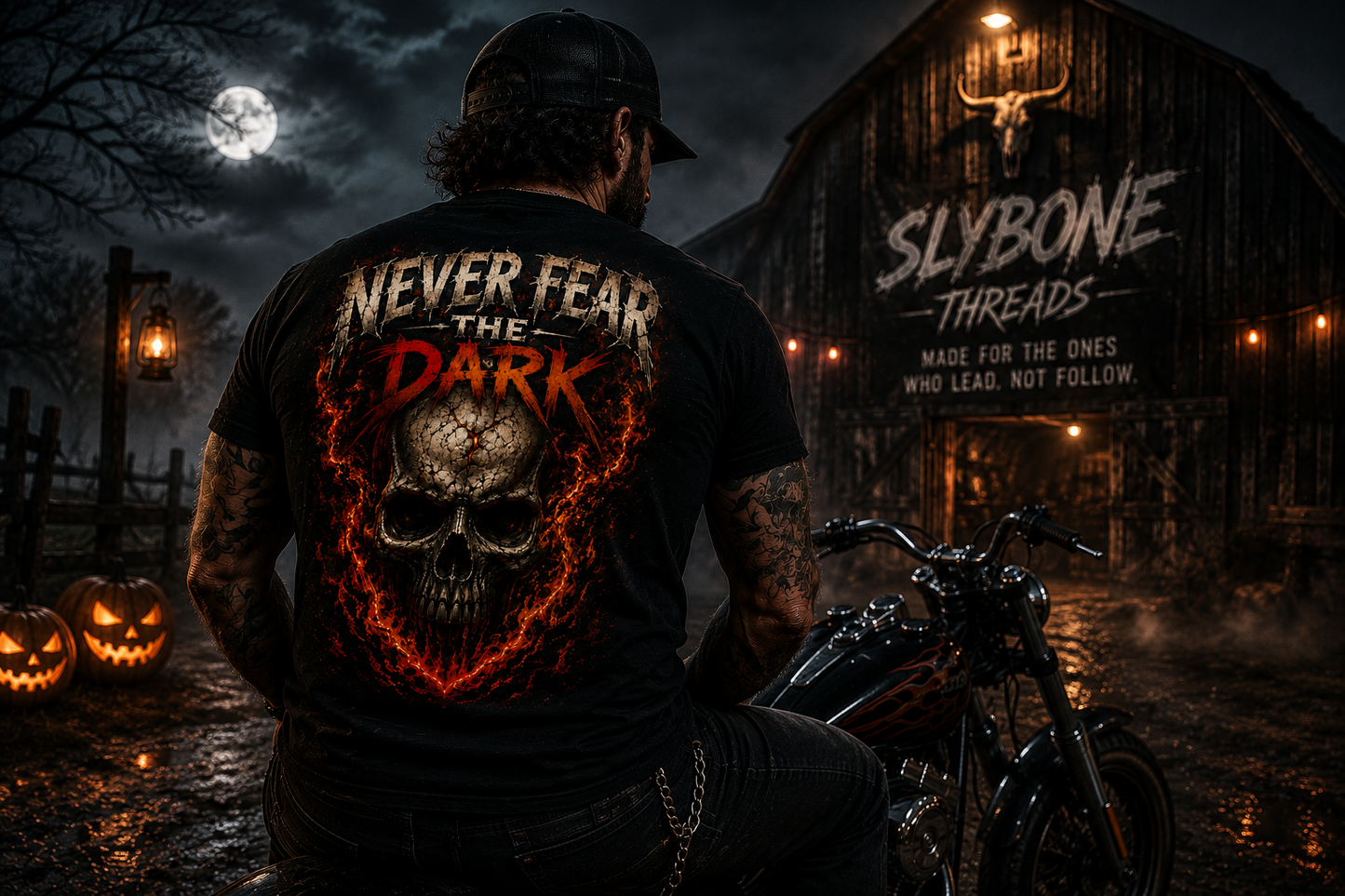 Never Fear the Dark Skull T-Shirt | Flaming Skull Halloween Graphic Tee | Slybone Threads