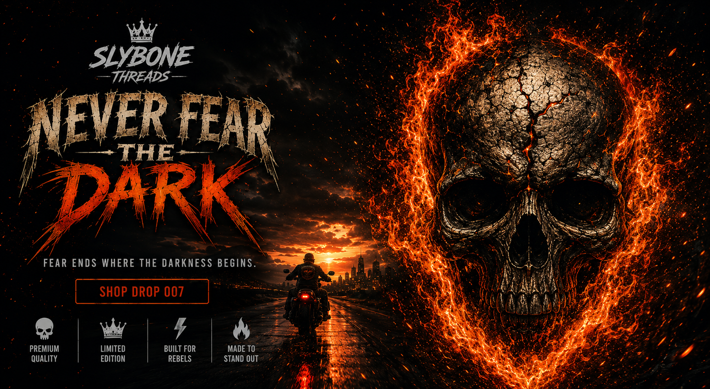 Never Fear the Dark Skull T-Shirt | Flaming Skull Halloween Graphic Tee | Slybone Threads