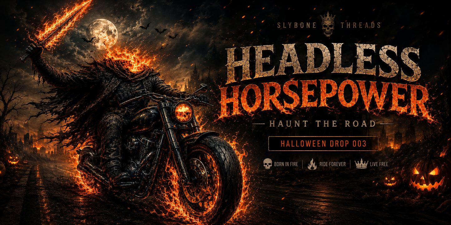 Headless Horsepower Halloween motorcycle graphic featuring a headless rider on a black muscle bike surrounded by flames and haunted scenery.