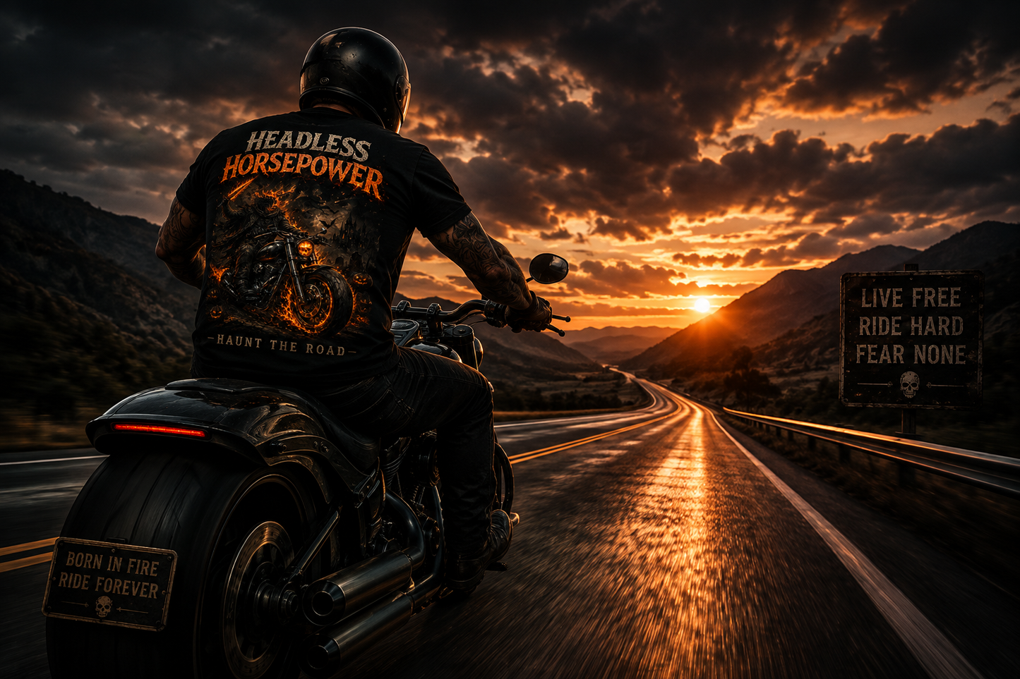 Headless Horsepower Halloween motorcycle graphic featuring a headless rider on a black muscle bike surrounded by flames and haunted scenery.