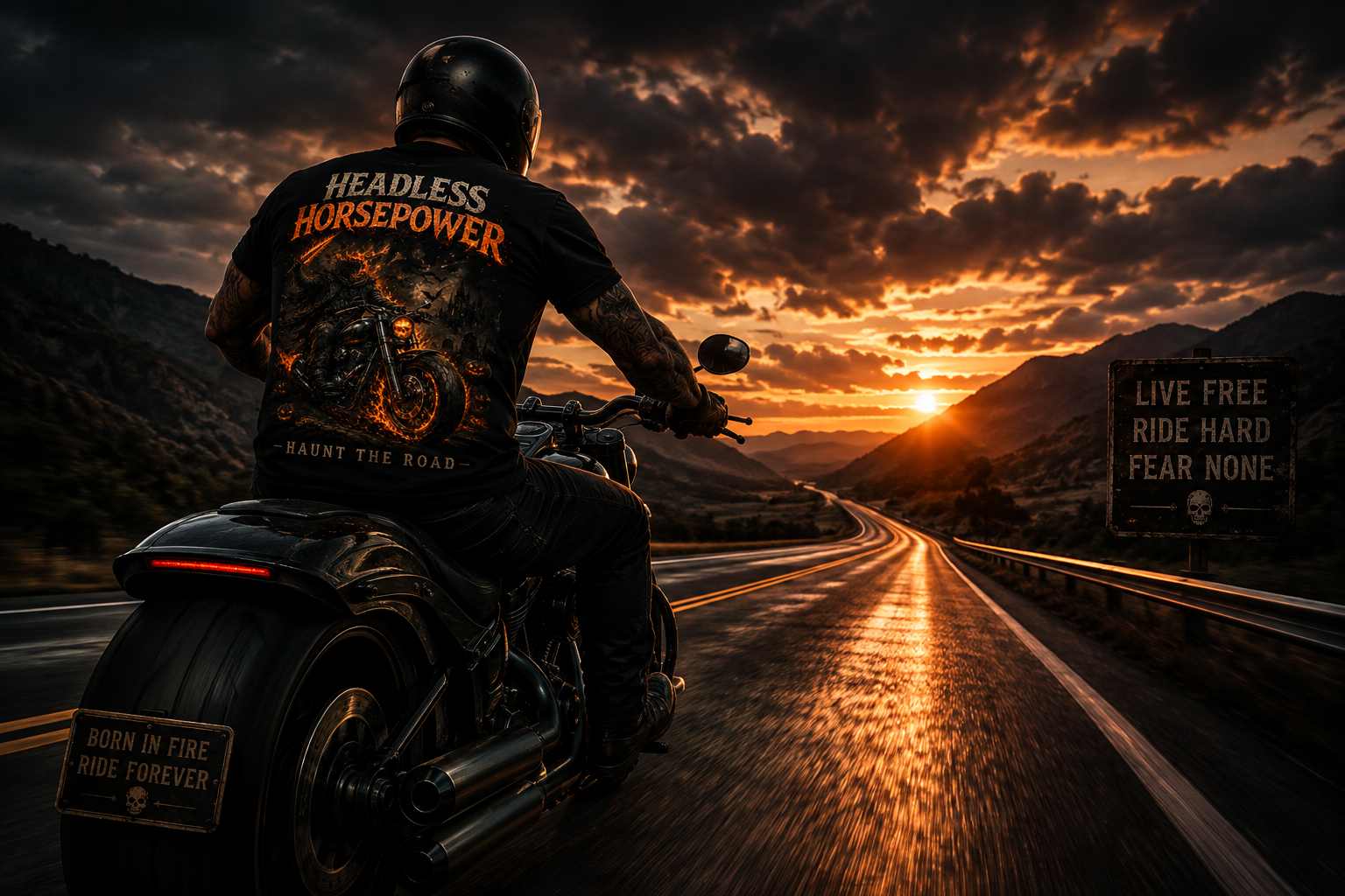 Headless Horsepower Halloween motorcycle graphic featuring a headless rider on a black muscle bike surrounded by flames and haunted scenery.
