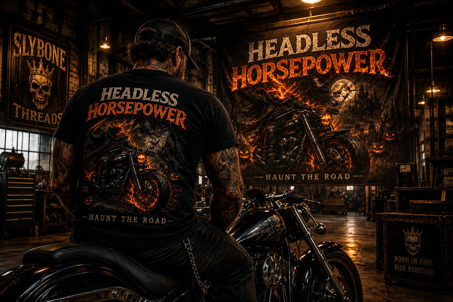 Headless Horsepower Halloween motorcycle graphic featuring a headless rider on a black muscle bike surrounded by flames and haunted scenery.