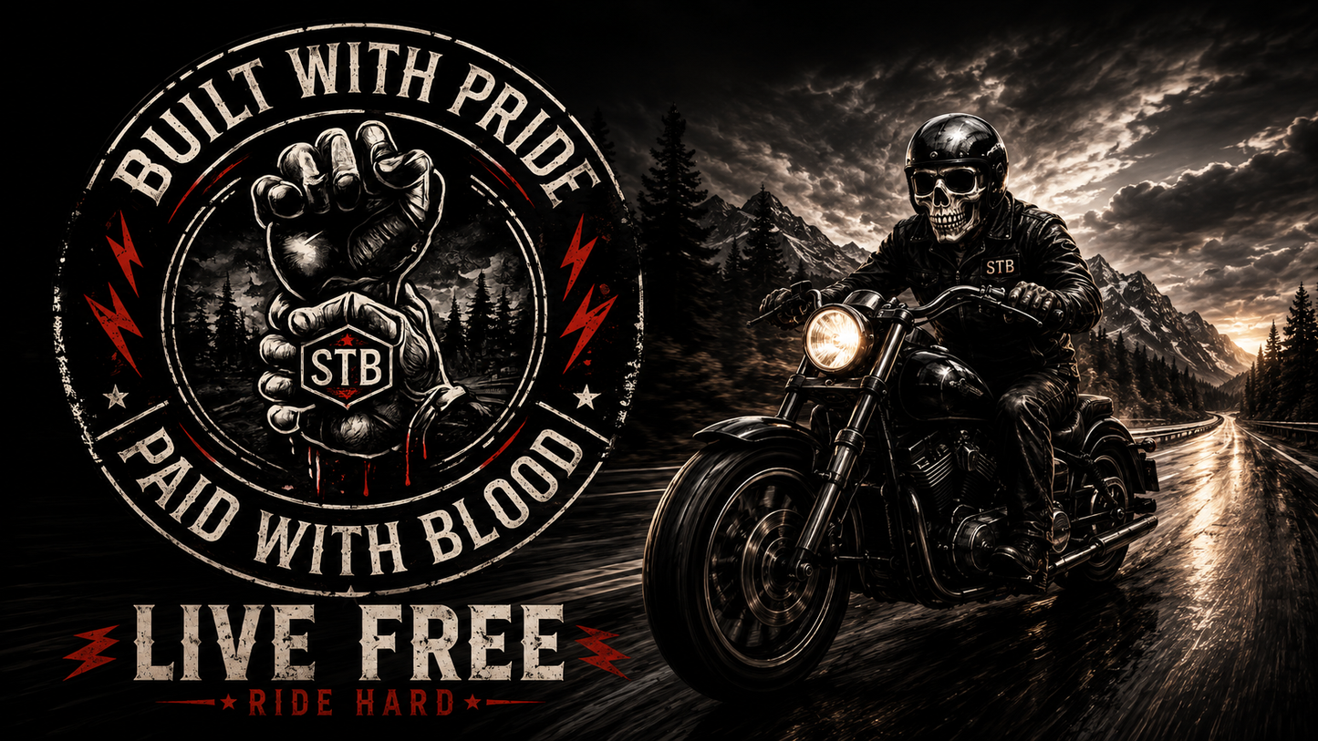 Built With Pride Paid With Blood Slybone Threads cinematic motorcycle graphic
