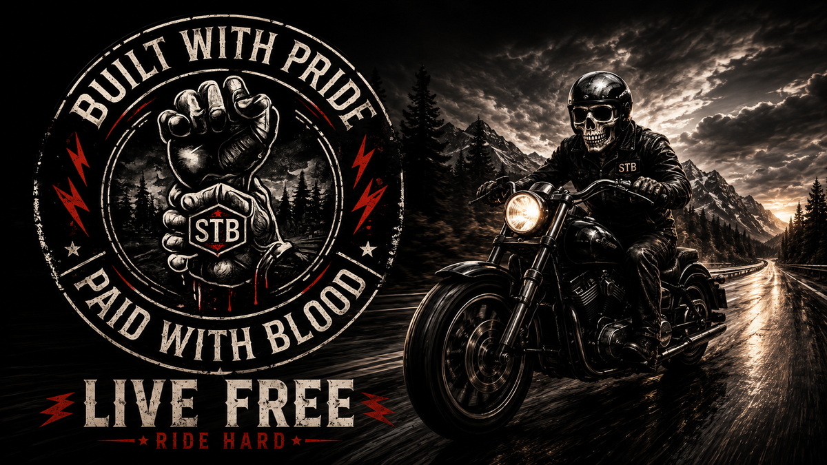 Built With Pride Paid With Blood Slybone Threads cinematic motorcycle graphic
