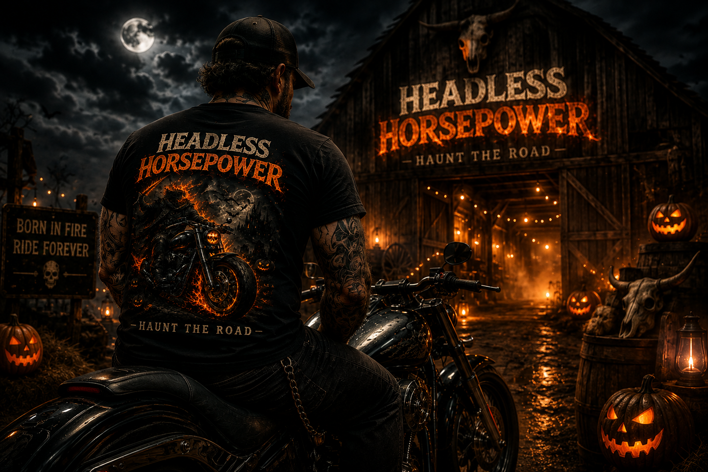 Headless Horsepower Halloween motorcycle graphic featuring a headless rider on a black muscle bike surrounded by flames and haunted scenery.