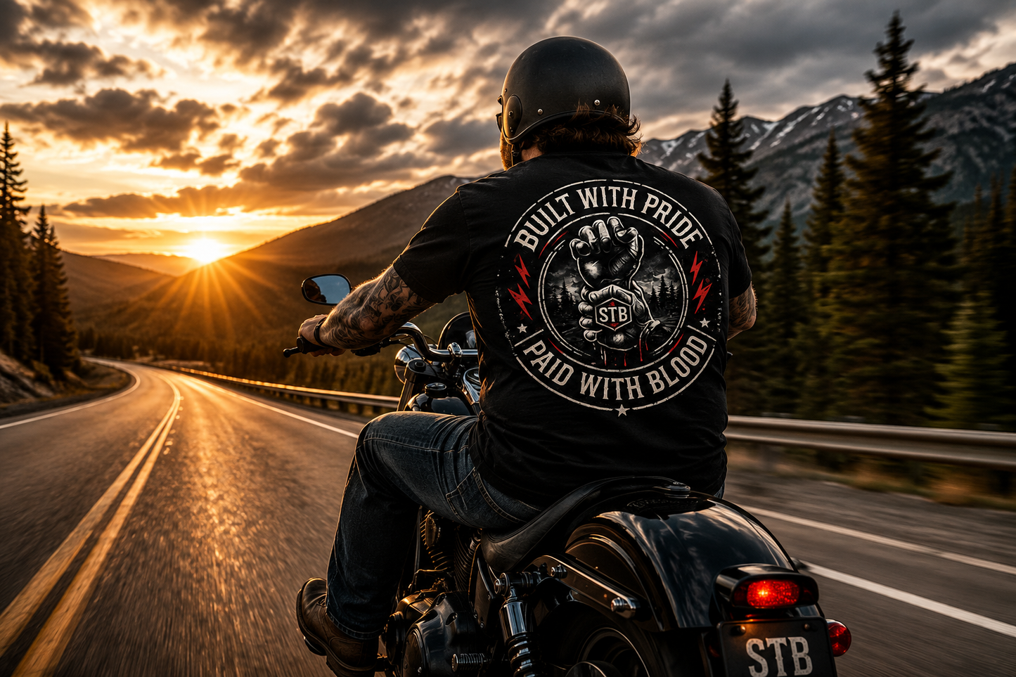 Biker wearing Built With Pride Paid With Blood Slybone Threads shirt on mountain highway

