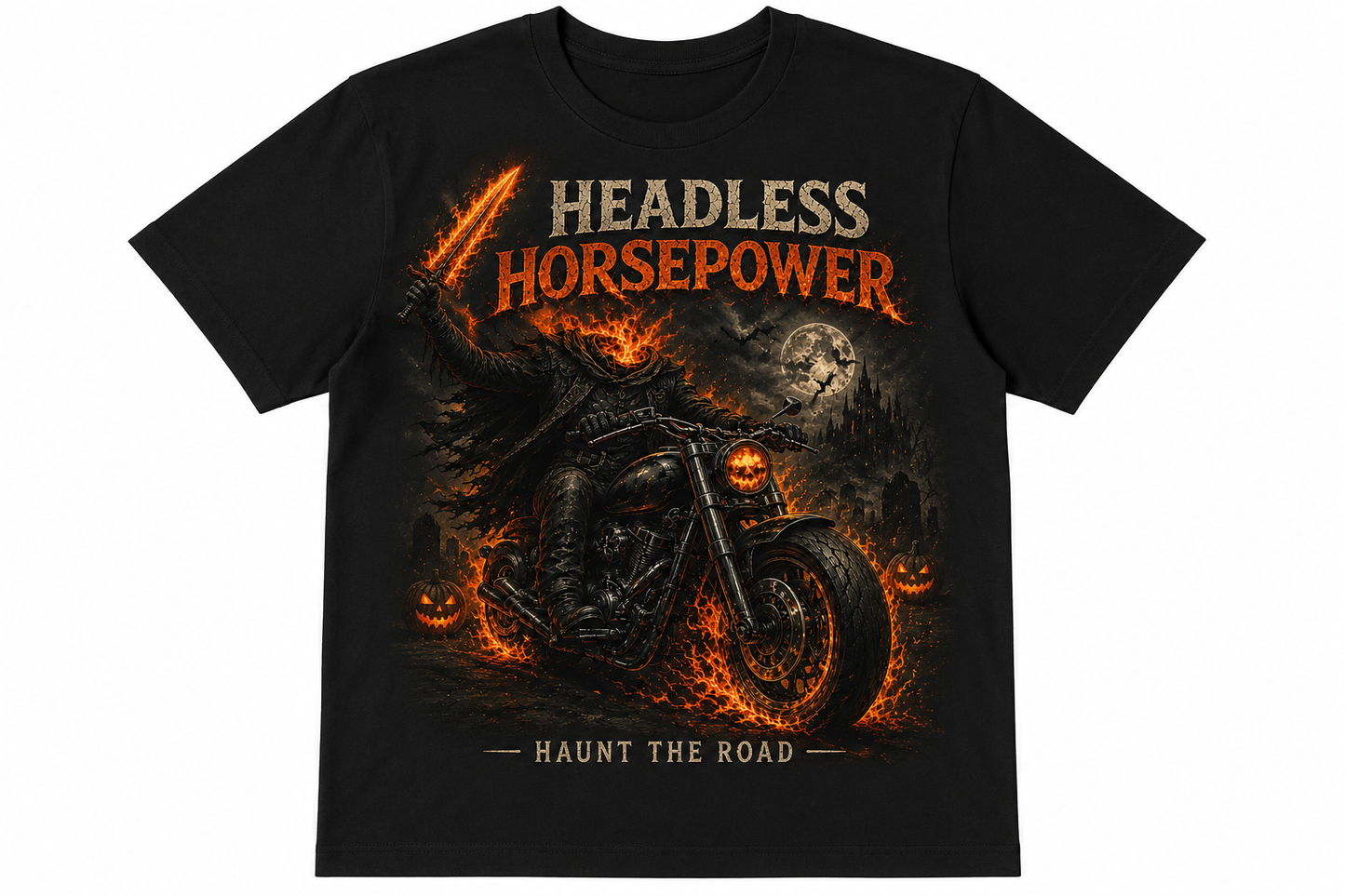 Headless Horsepower Halloween motorcycle graphic featuring a headless rider on a black muscle bike surrounded by flames and haunted scenery.
