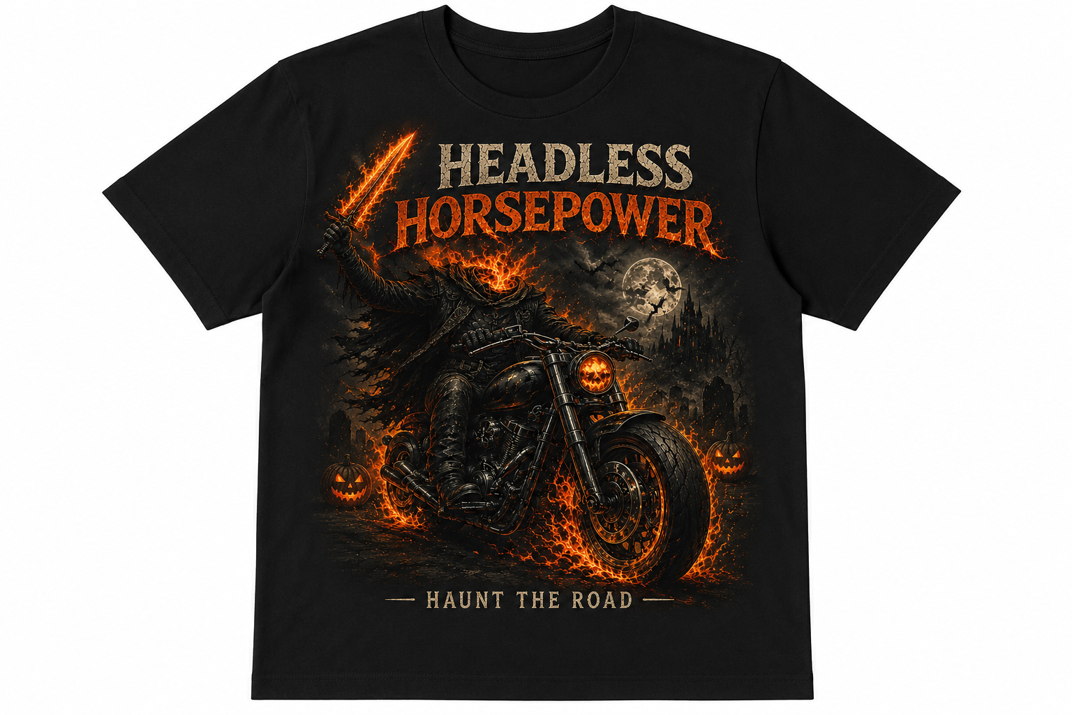 Headless Horsepower Halloween motorcycle graphic featuring a headless rider on a black muscle bike surrounded by flames and haunted scenery.