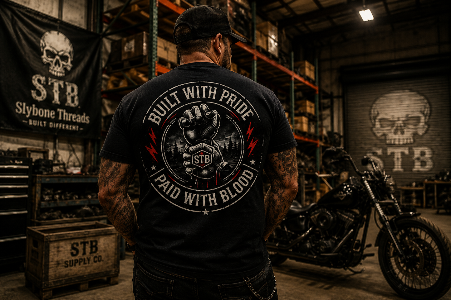 Built With Pride Paid With Blood biker graphic shirt in industrial motorcycle warehouse
