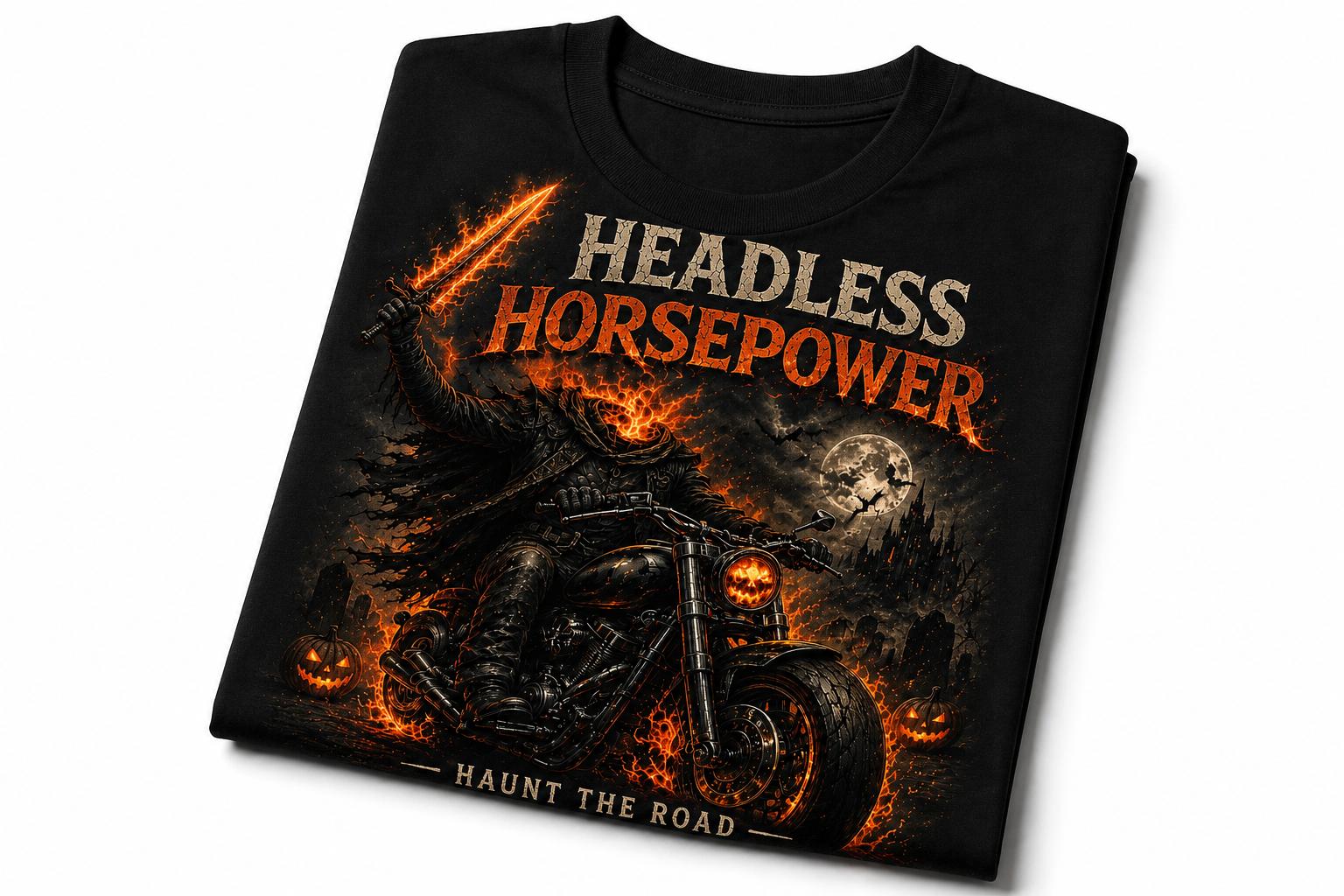 Headless Horsepower Halloween motorcycle graphic featuring a headless rider on a black muscle bike surrounded by flames and haunted scenery.