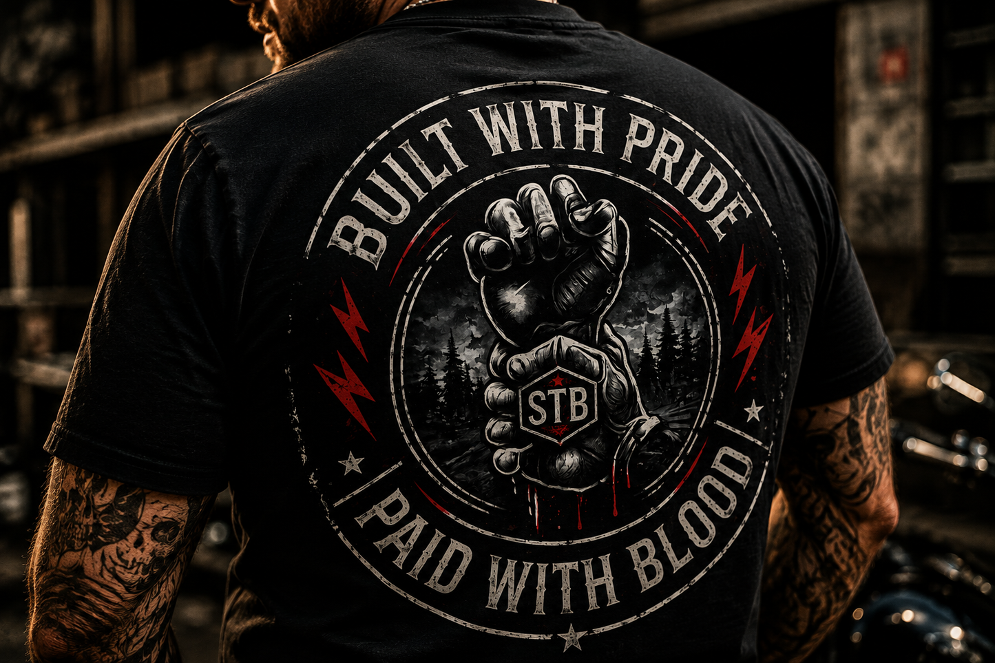 Close-up of Built With Pride Paid With Blood STB graphic printed on black T-shirt