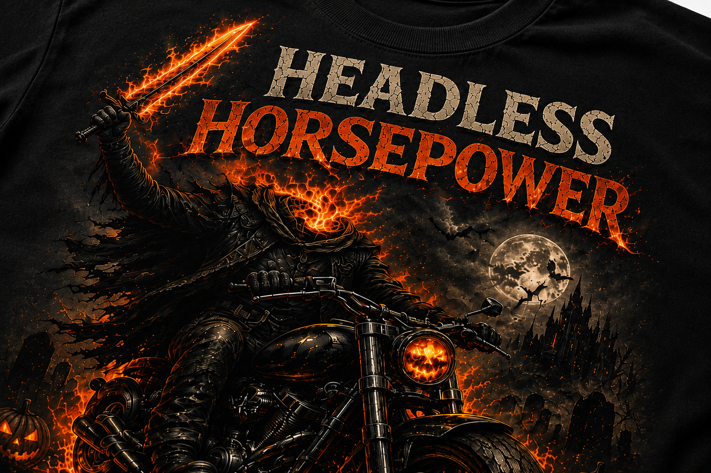 Headless Horsepower Halloween motorcycle graphic featuring a headless rider on a black muscle bike surrounded by flames and haunted scenery.