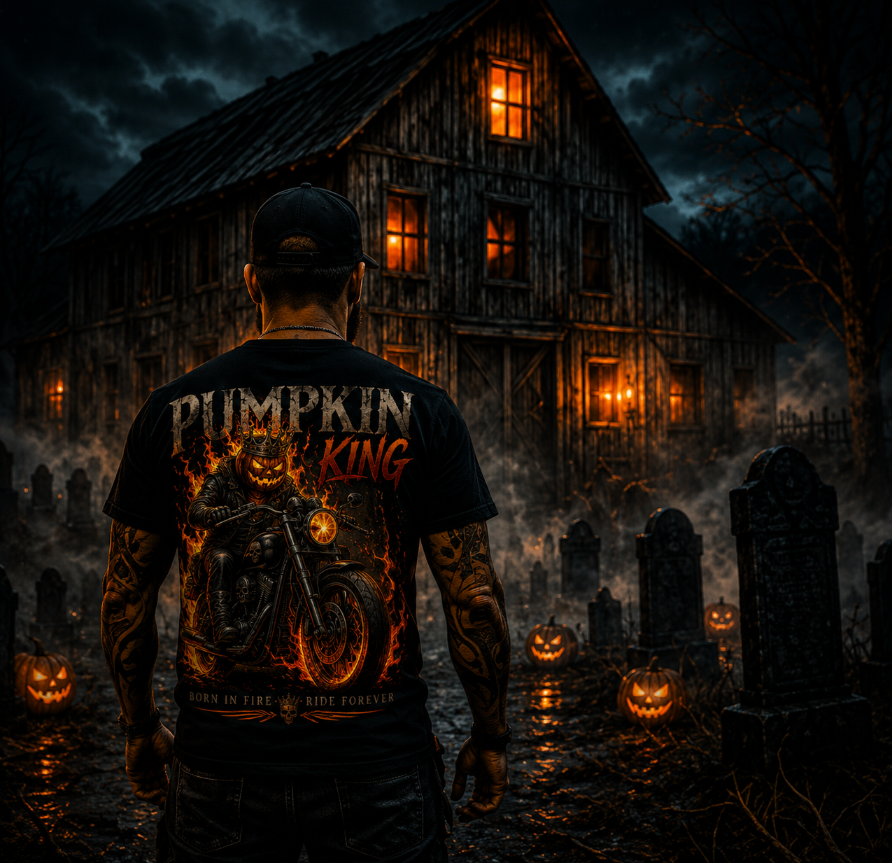 Pumpkin King Motorcycle Halloween T-Shirt | Flaming Jack-O’-Lantern Biker Tee | Slybone Threads